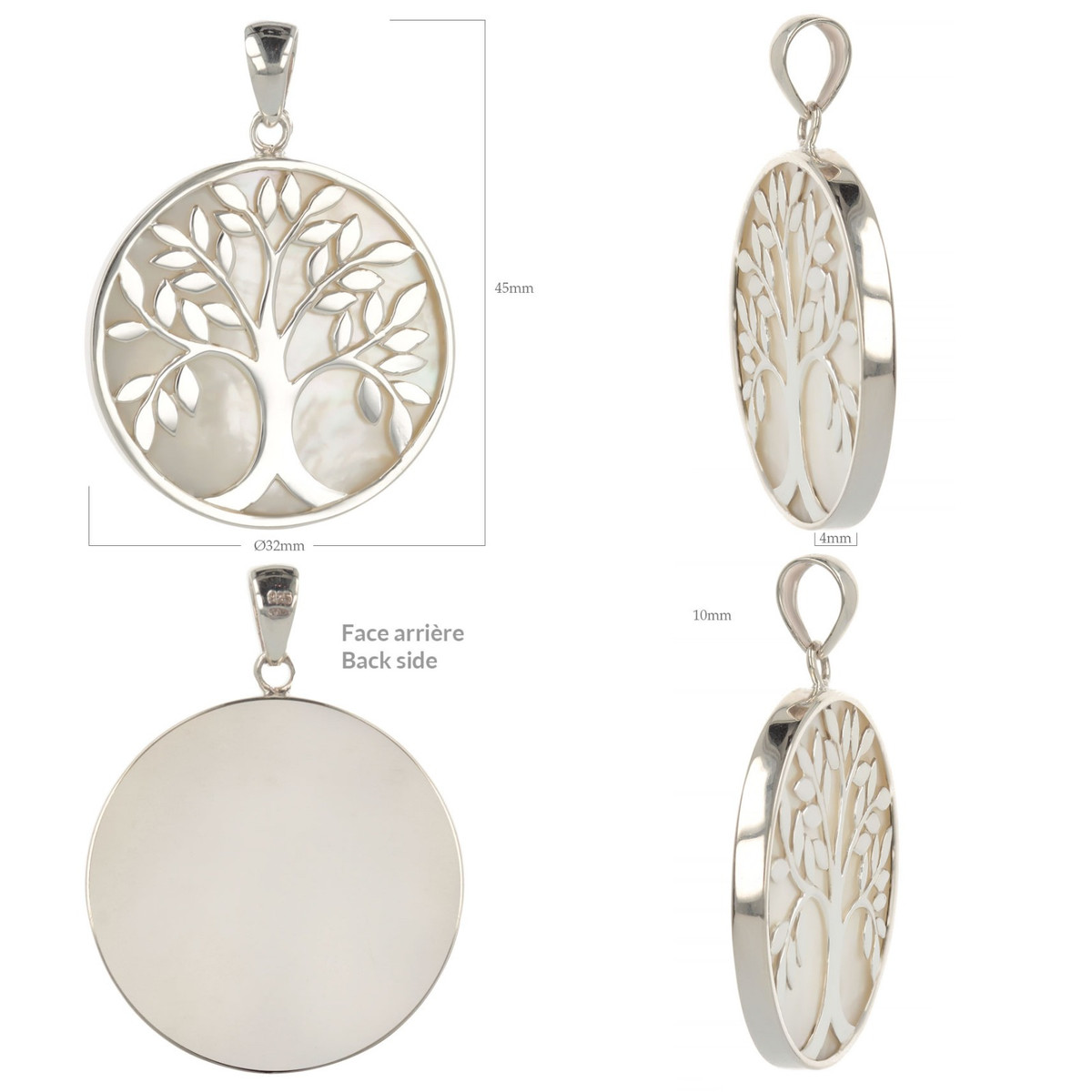 Cadeau bijoux symbole Arbre de vie Pendentif Nacre blanche Argent  rhodié rond femme