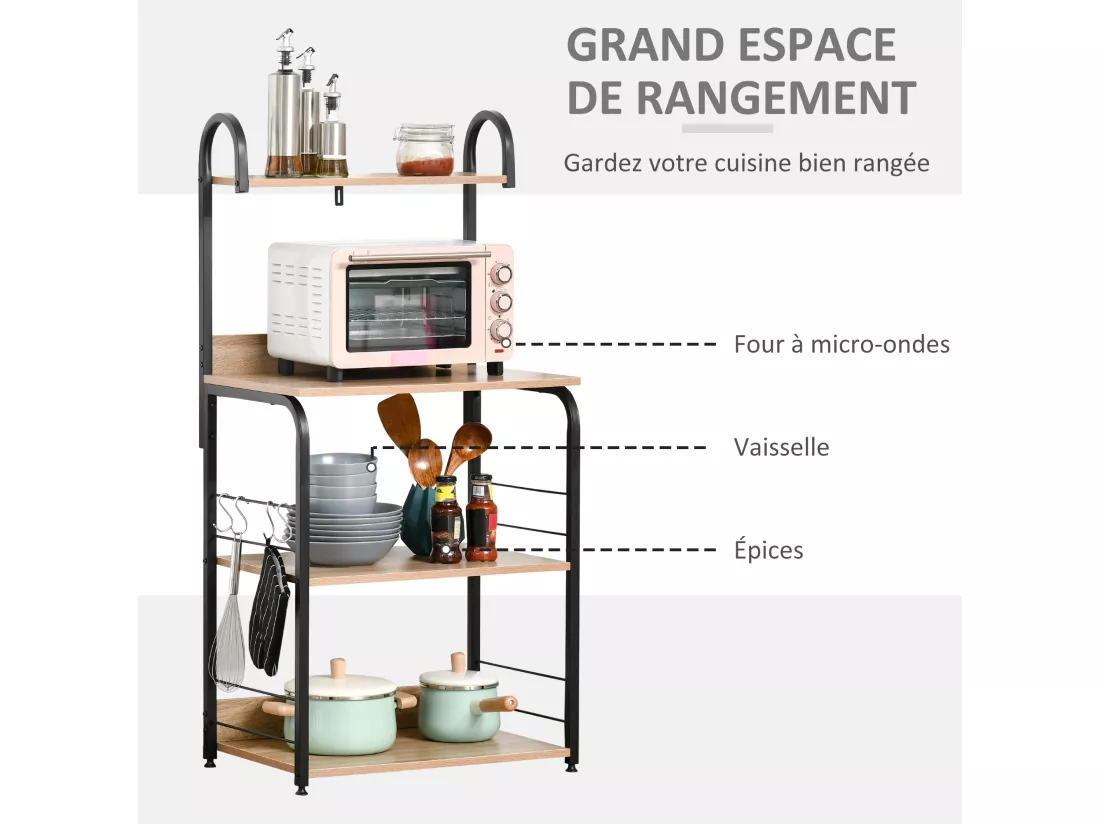 Étagères de cuisine - étagère micro-onde - meuble micro-onde - 3 étagères, plateau, crochets - panneaux particules aspect chêne clair châssis métal noir