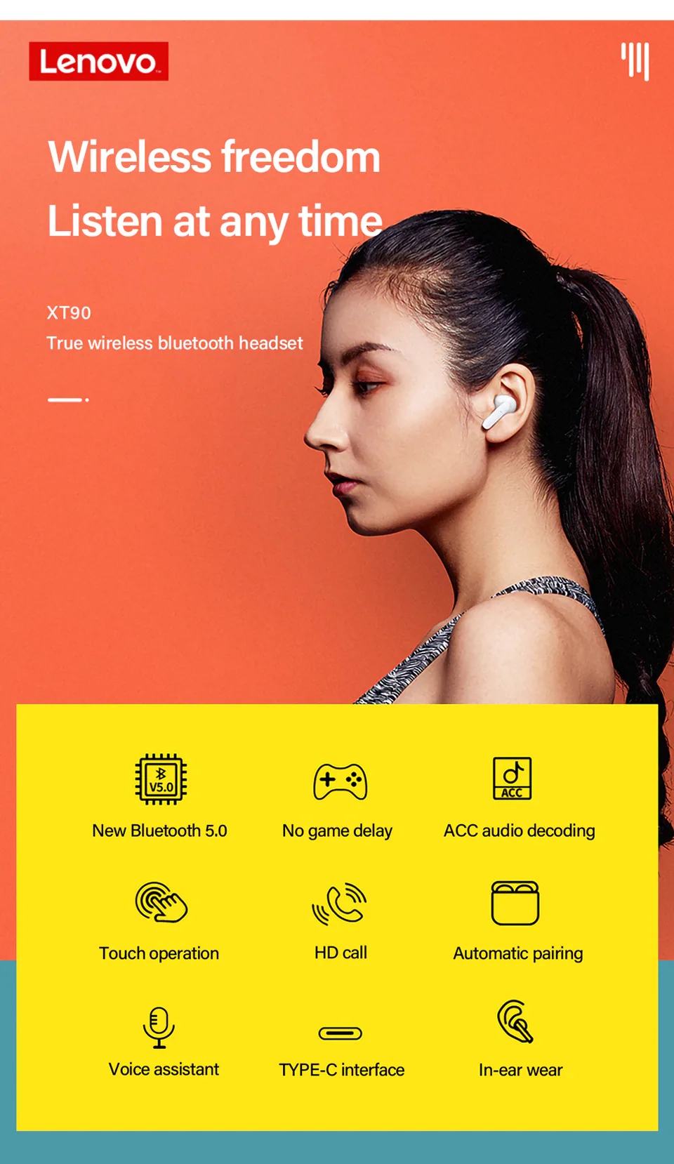 Lenovo XT90 Bluetooth-Kopfhörer Schwarz