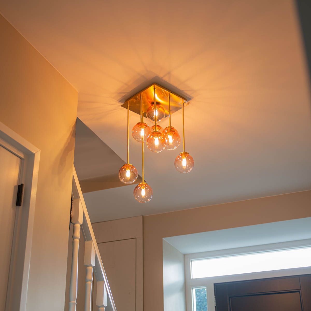 Art Deco plafondlamp goud met roze glas 9-lichts - Athens