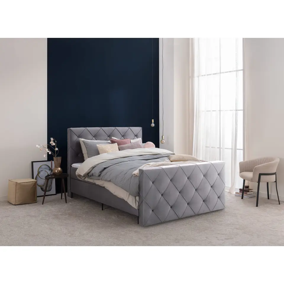 Boxspring met voetbord Liv geruit - grijs - 180x200 cm - vierkante poot