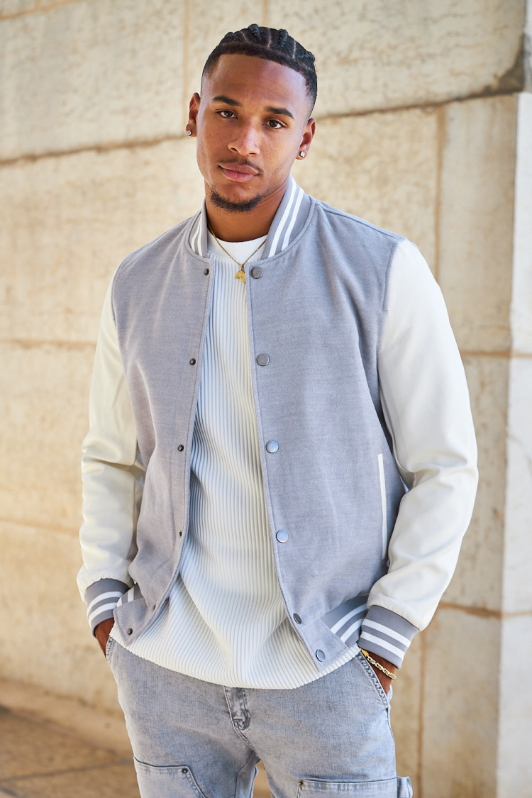 Bomber gris en simili cuir et laine