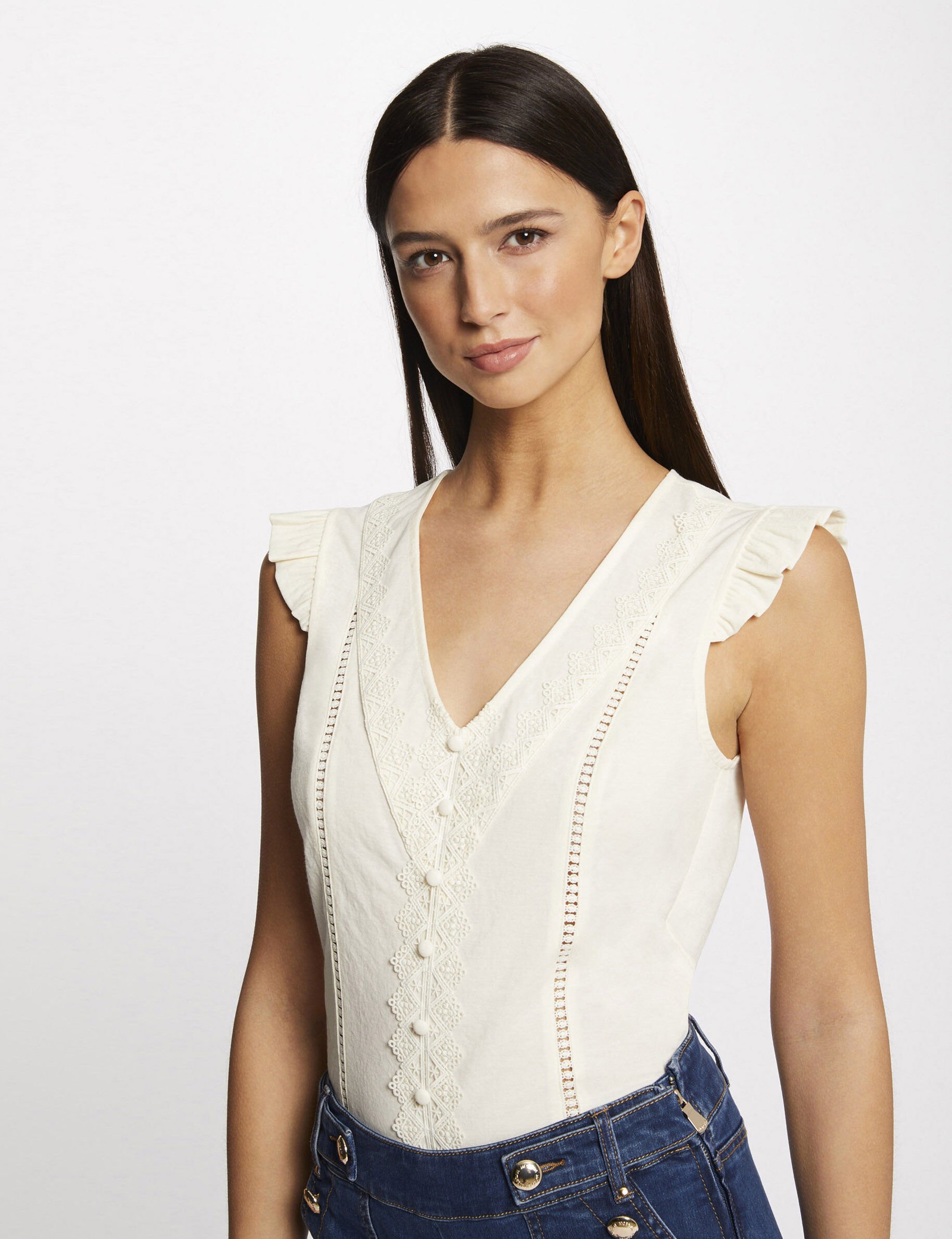 T-shirt manches courtes à dentelle ecru moyen femme - ecru_moyen