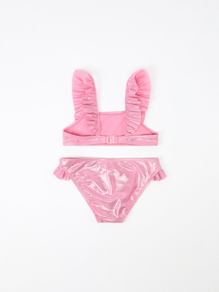 Conjunto de biquíni de duas peças brilhante com babados e elástico de cabelo - Rosa Pastel