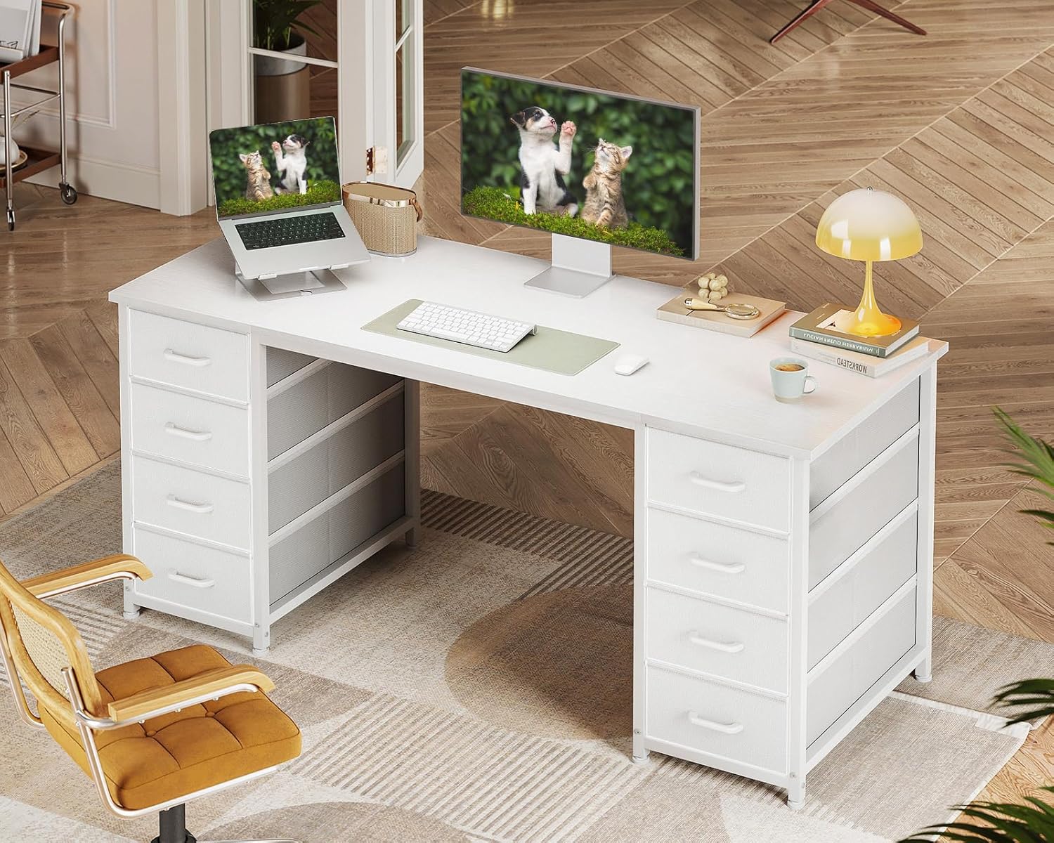 Coleshome Schreibtisch mit 8 Stoff Schubladen, 140x48cm Schreibtisch Weiß mit Stauraum Computertisch Vielseitig, Bürotisch PC Tisch Officetisch für Büro, Wohnzimmer, Home Office