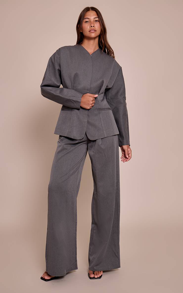 Charcoal Grey Blazer Ajusté Sans Col En Tissu Tissé Premium Avec Ensemble Coordonné
