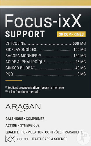 ixX Pharma Focus ixX Support Mémoire Concentration Bacopa Ginkgo & Citicoline 30 comprimés