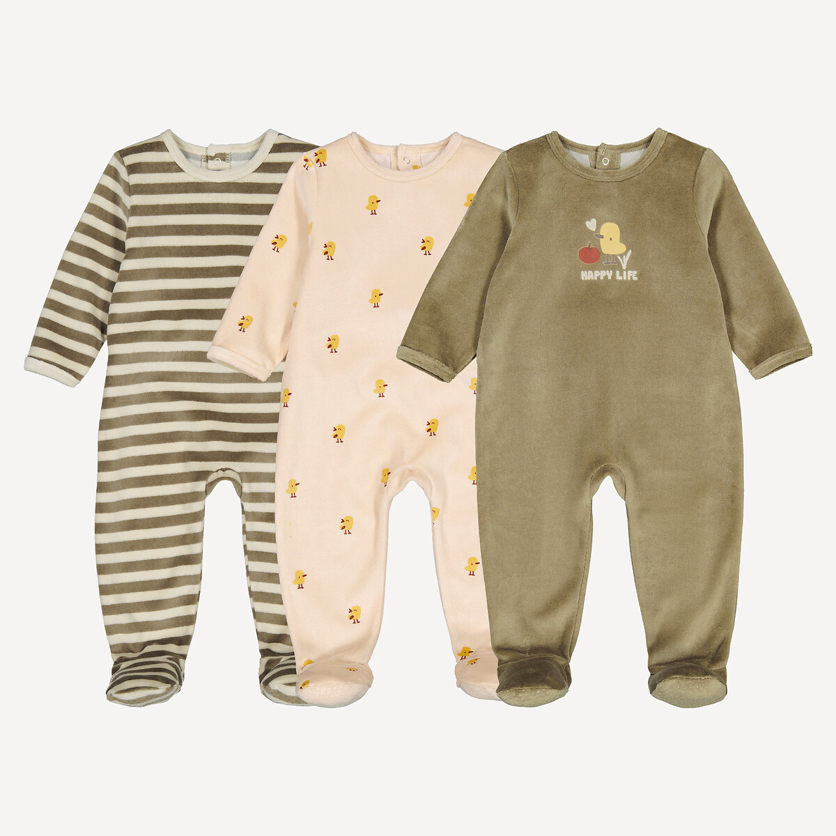 COLEÇÃO LA REDOUTE<br>Conjunto de 3 pijamas de veludo, modelo inteiriço, com estampa de pintinhos