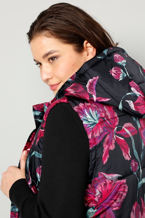 Long-Steppweste, Kapuze, Alloverdruck, Zipper
