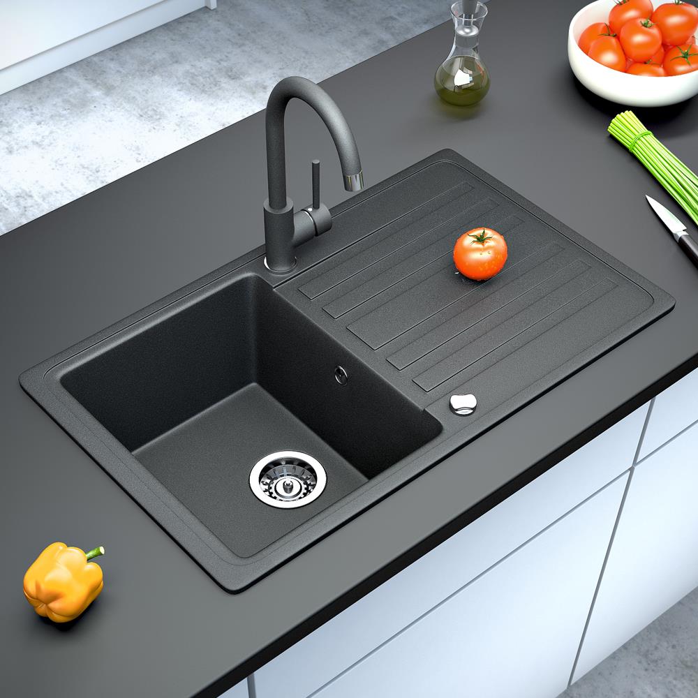 Granit Verbundspüle Küchen Einbau Auflage Spüle+Drehexcenter+Siphon Spülbecken Schwarz