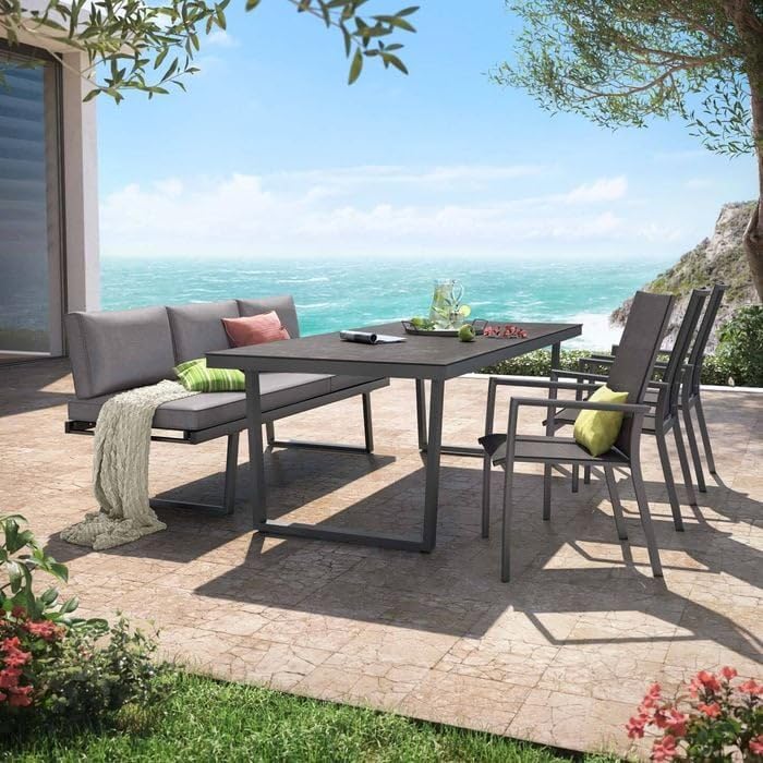 OUTLIV. Gartenmöbel Set Lucca L Aluminium Olefin 6 Personen mit Diningsofa Hochlehner Sesseln Glaskeramik Tisch 220x100 cm Dunkelgrau wetterfest
