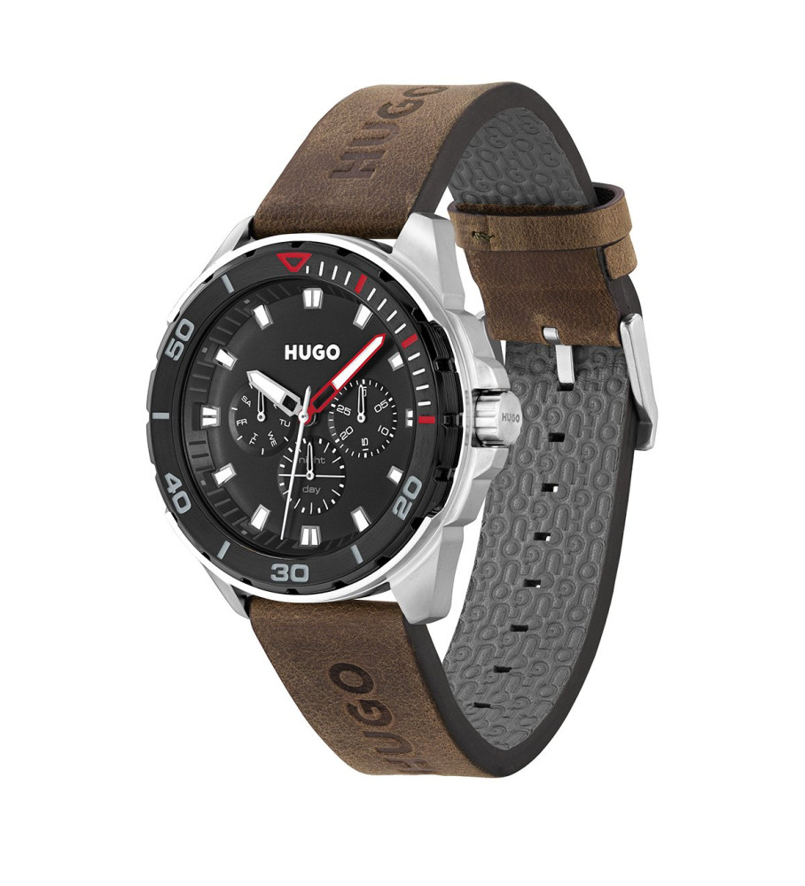 Relógio analógico HUGO com pulseira de couro sintético, preto.