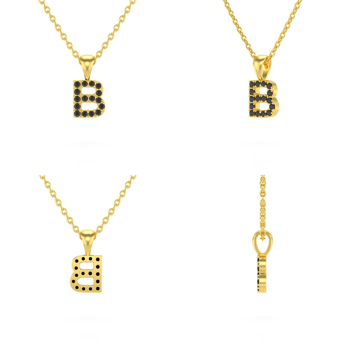 Collier Pendentif ADEN Lettre B Or 750 Jaune Diamant Noir Chaine Or 750 incluse 0.72grs