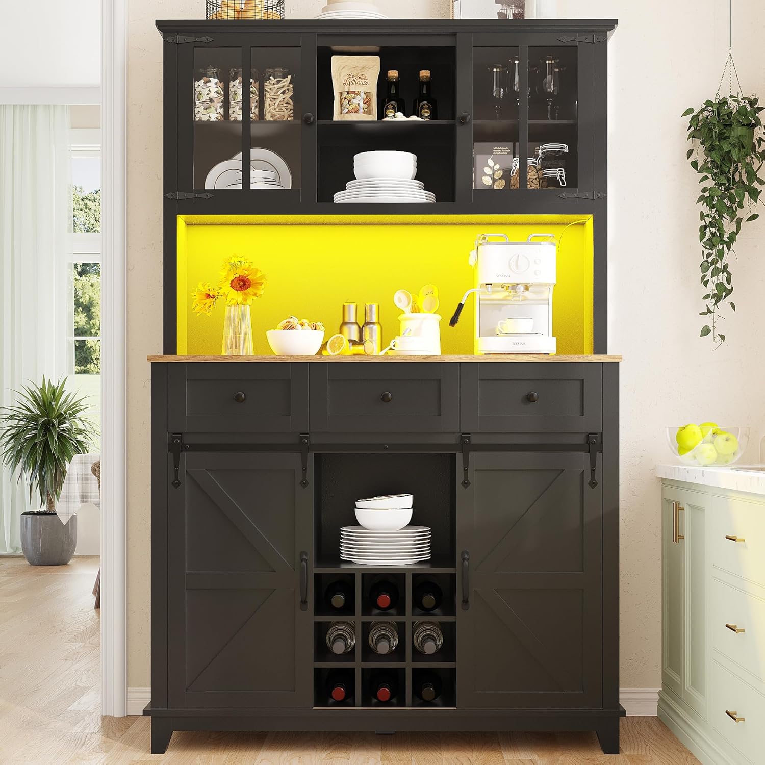 Merax Küchenschrank mit Arbeitsplatte, Hochschrank Küchenbuffet, Buffetschrank mit LED-Beleuchtung, Schubladen und Glas Türen, Verstellbaren Ablagen & Weinregal, Schwarz, 105x38.4x180cm