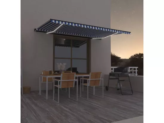 Auvent manuel rétractable avec LED 500x350 cm Bleu et blanc