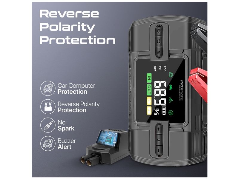 Promate PatrolPack-3 Hochleistungs-Auto-Starter Leistungsstarker Jump Starter, 150PSI Luftkompressor, 12000 mAh Powerbank & Taschenlampe