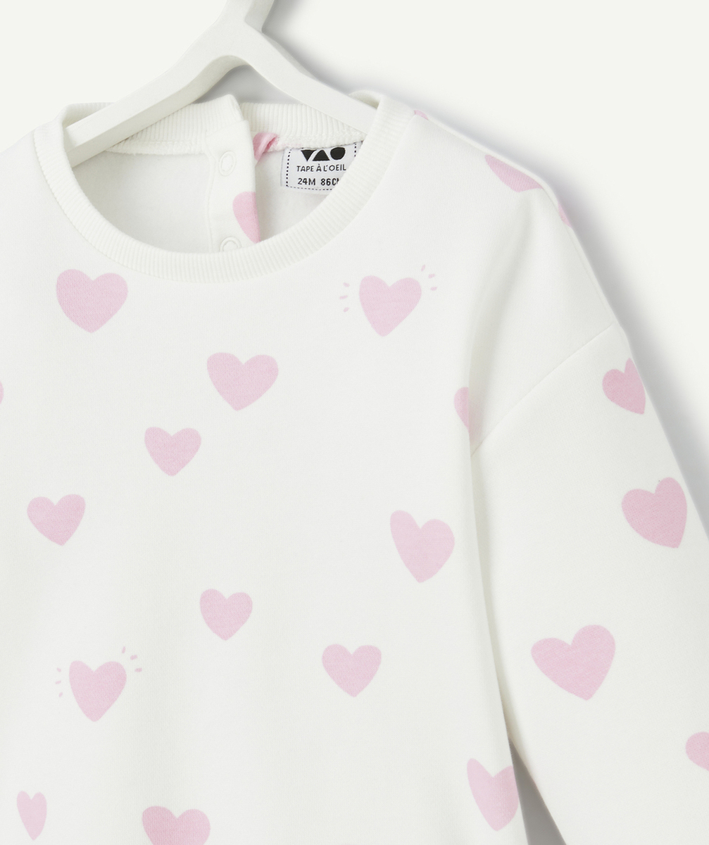 sweat manches longues bébé fille en fibres recyclées blanc imprimé coeurs