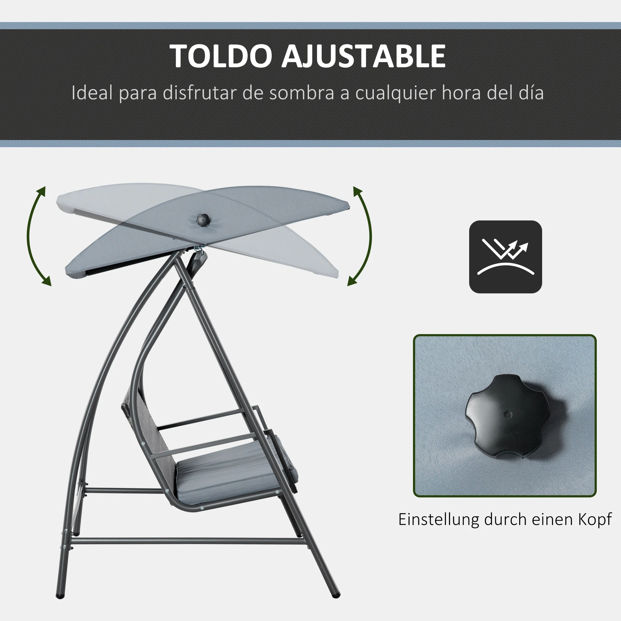 Cadeira de balanço de jardim Outsunny de 3 lugares em rattan com cobertura ajustável e almofada removível com zíper para uso externo em varandas e pátios, capacidade de carga de 360 kg, 198 x 124 x 179 cm, cinza
