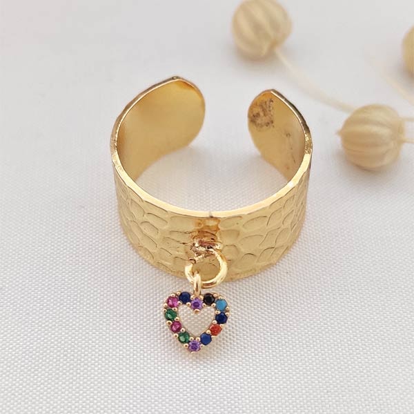 Bague cœur ajustable - Laiton plaqué or & zircons