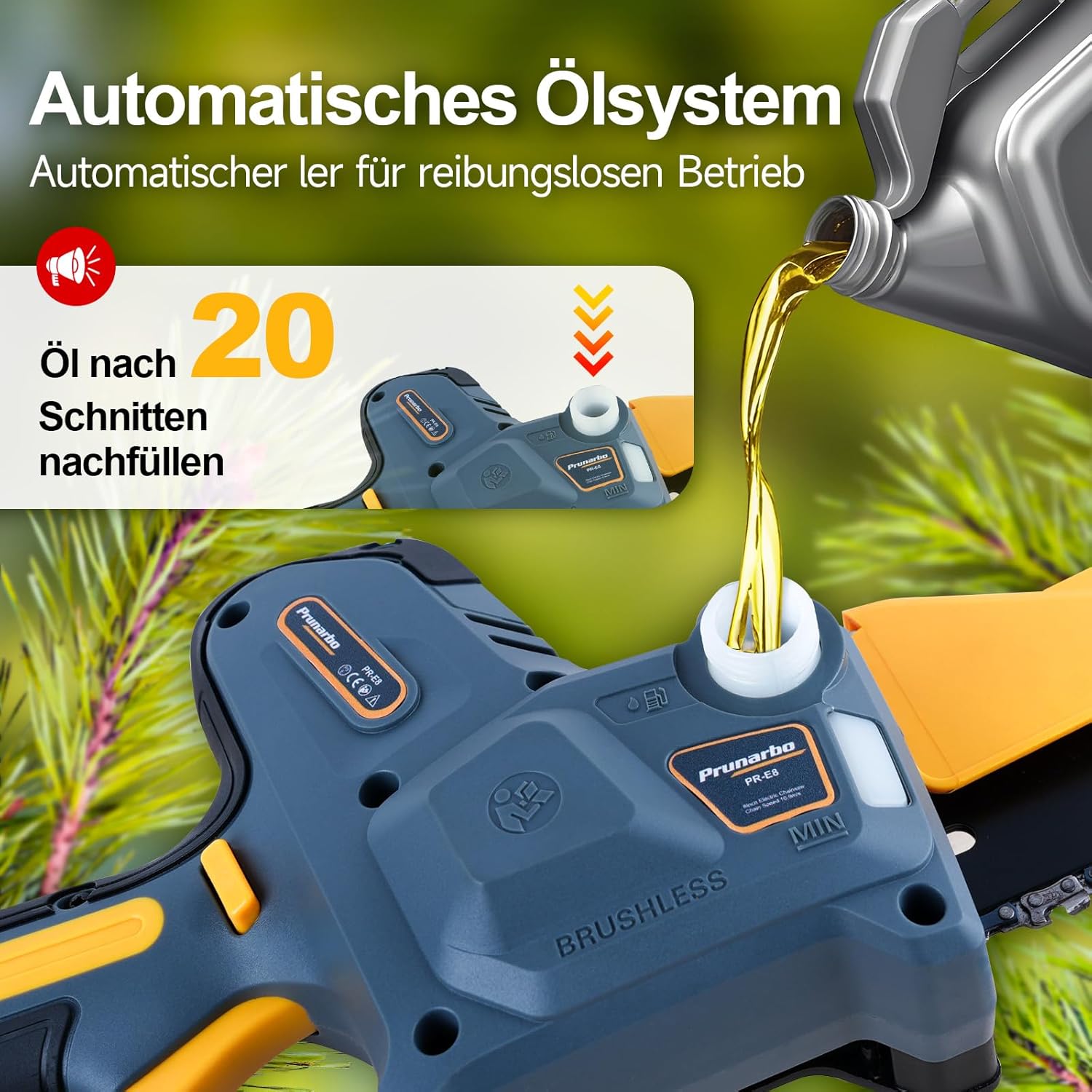Akku-Kettensäge Elektrisch 8-Zoll 2x 4.0Ah, Kabellos & 900W Brushless - Perfekt für Gartenschnitt, Holzbearbeitung & Heimwerken (PR-E8)