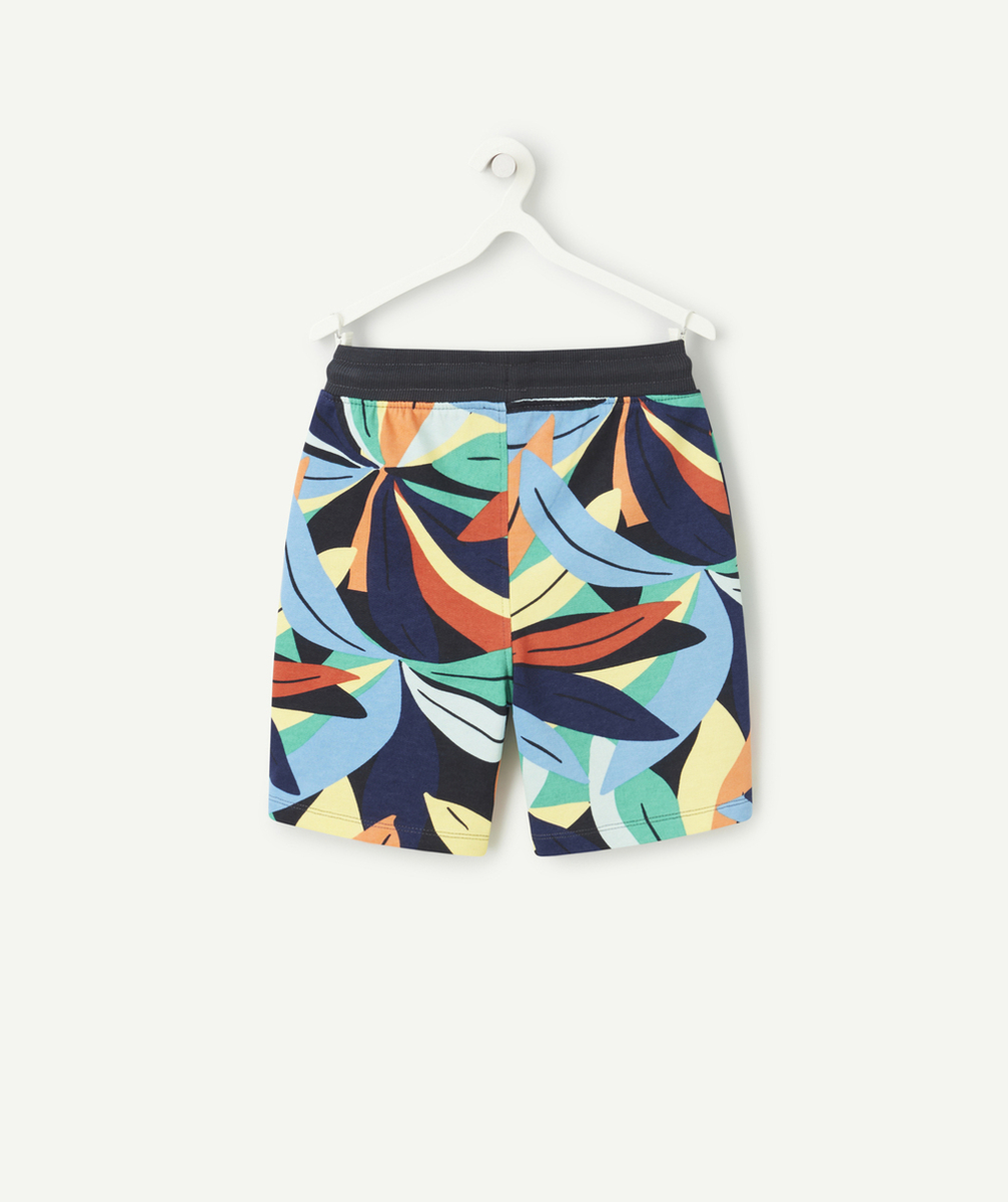 bermuda garçon en coton biologique bleu marine imprimé tropical coloré