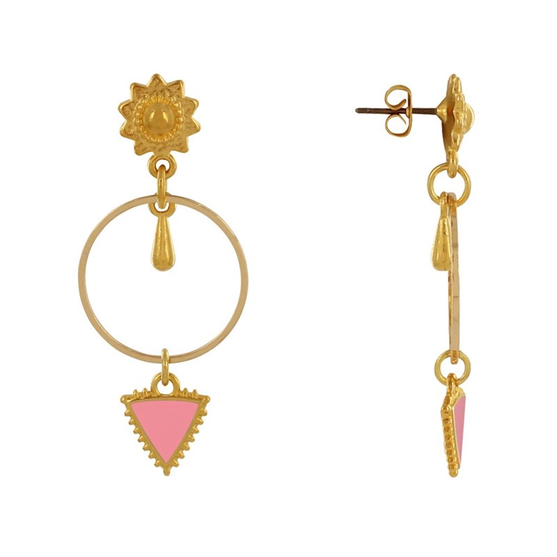 Boucles d'Oreilles Laiton Doré Cercle Goutte et Triangle Émaillé