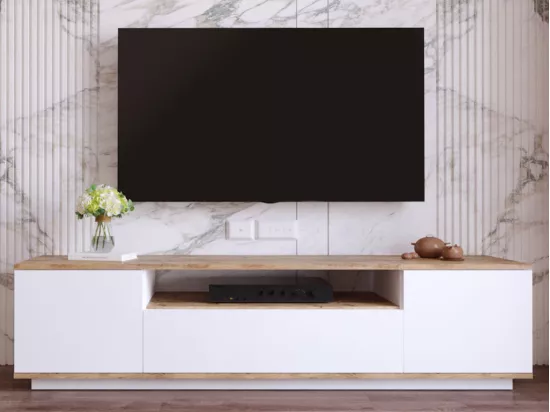 Meuble TV avec 3 portes et 1 niche - Blanc et naturel - LOTULA