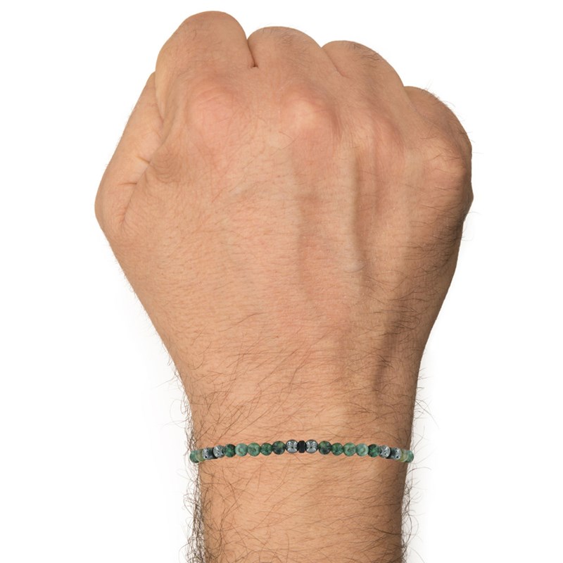 Bracelet Lien Homme Perles Rondes Acier et Turquoise Vertes - taille 20 cm