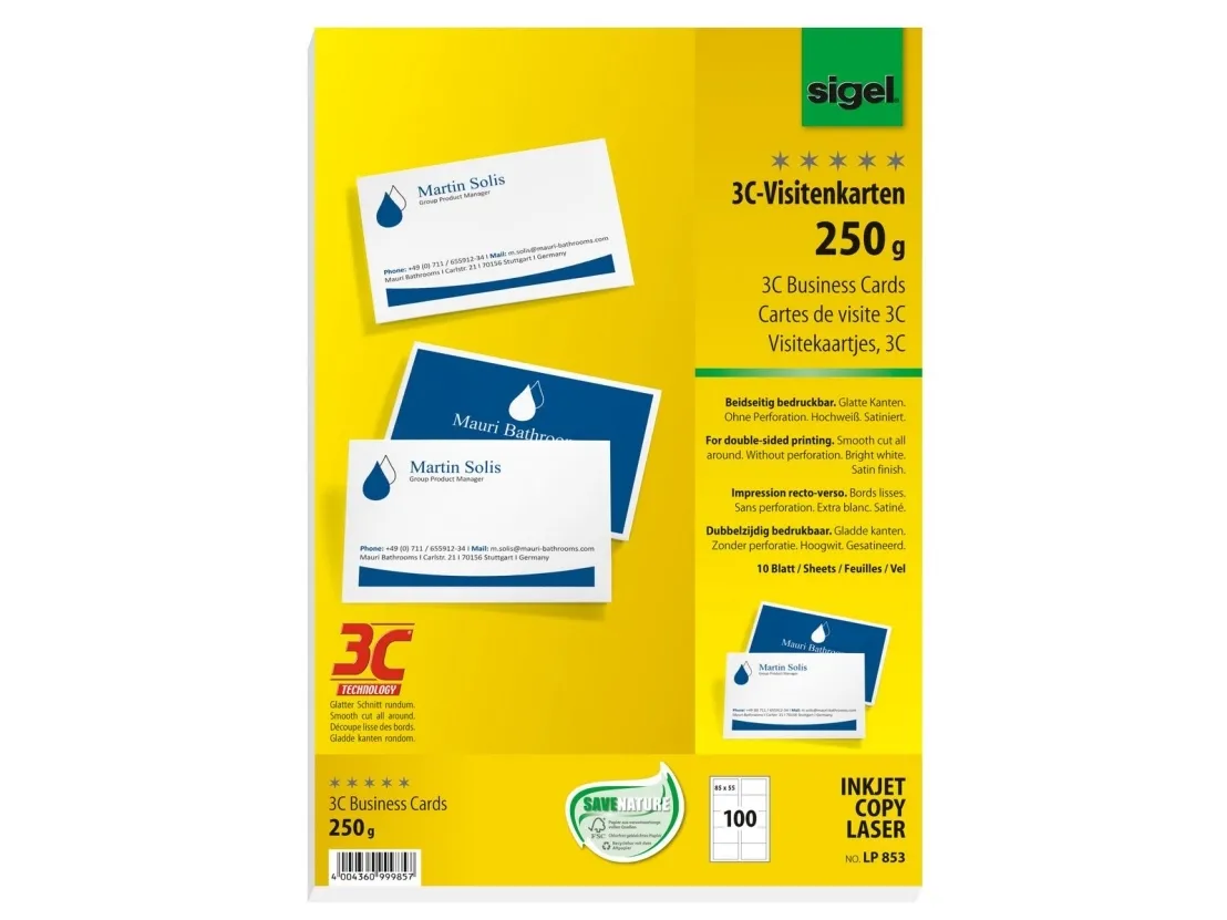 Sigel Business Card 3C LP853 - Skinnende hvid - 85 x 55 mm - 250 g/m² - 100 kort (10 ark x 10) visitkort