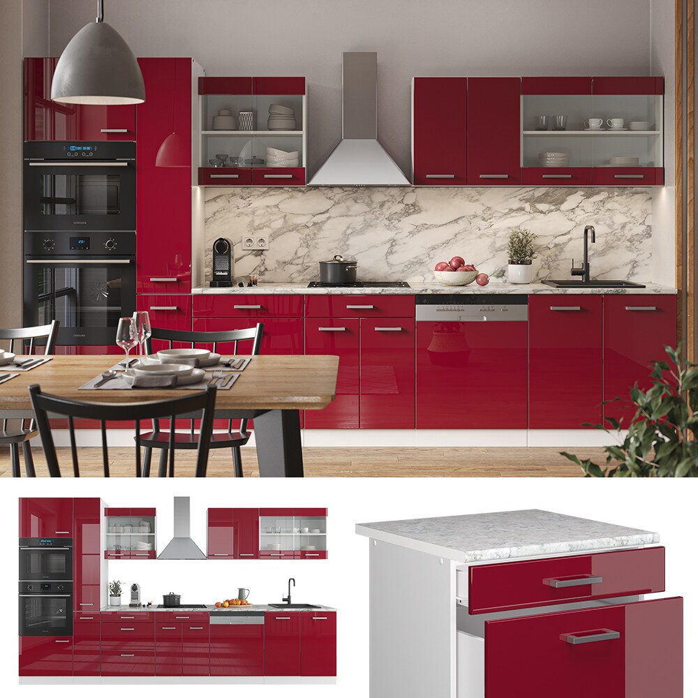 Vicco Küchenzeile Küchenblock Einbauküche R-Line 350 cm Weiß Bordeaux Hochglanz
