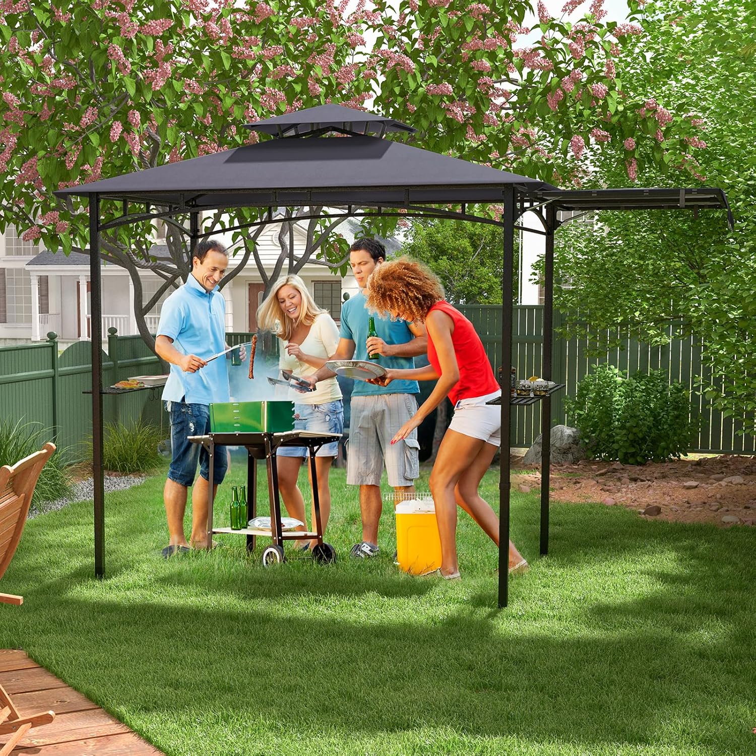 COSTWAY Grillpavillon mit Seitenmarkise, Doppeldach, 2 Seitenregalen & Haken, Gartenpavillon BBQ Pavillon, Grillüberdachungen wetterfest, Grillunterstand Garten Partys, 318x153x250 cm (Dunkelgrau)