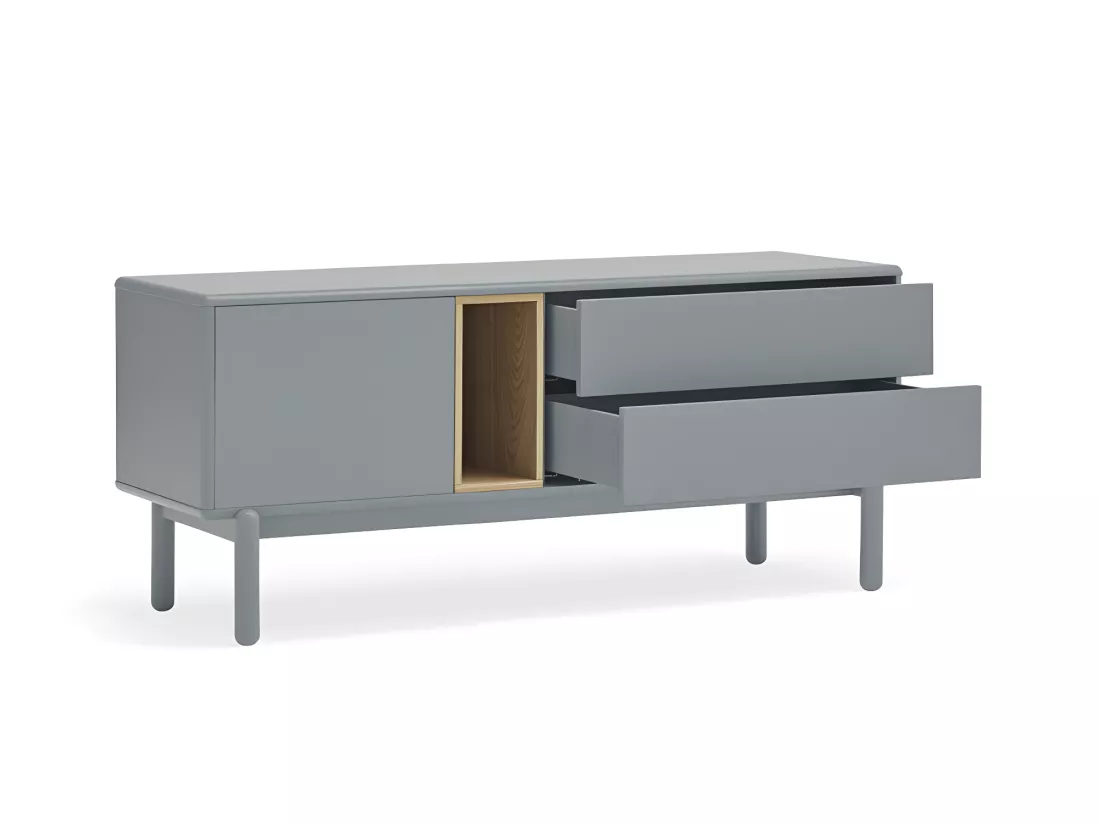 Corvo - Meuble tv 1 porte 1 niche et tiroir en bois L140cm : Couleur - Gris perle