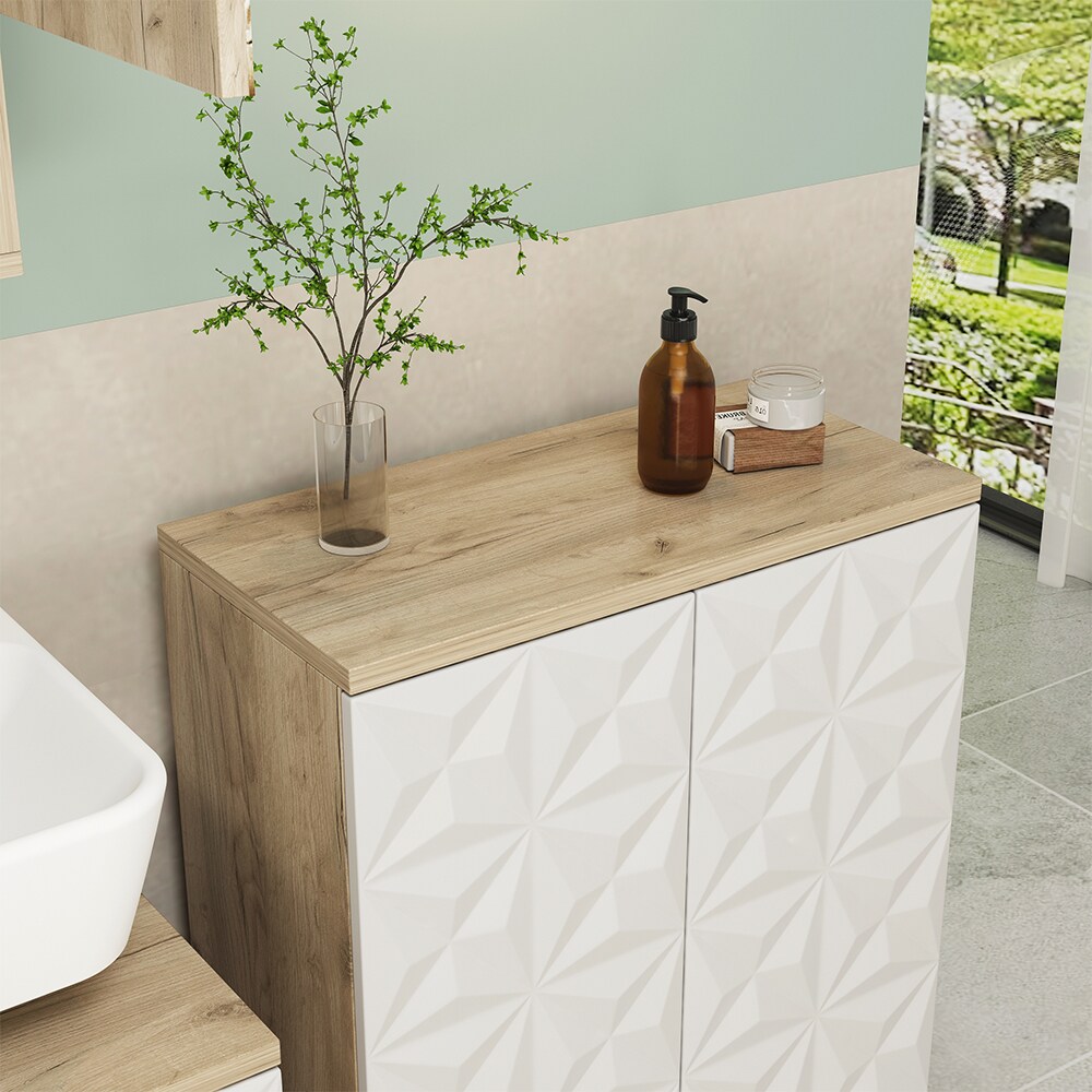 Vicco Badschrank Badezimmerkommode Badezimmermöbel Edge Eiche Weiß modern 60x80 cm Badezimmer Schrank Badmöbel 2 Türen 3 Fächer