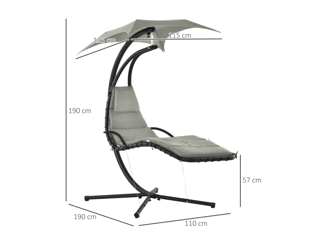 Bain de soleil transat suspendu avec pare-soleil et matelas design contemporain 190L x 115l x 190H cm acier polyester gris noir