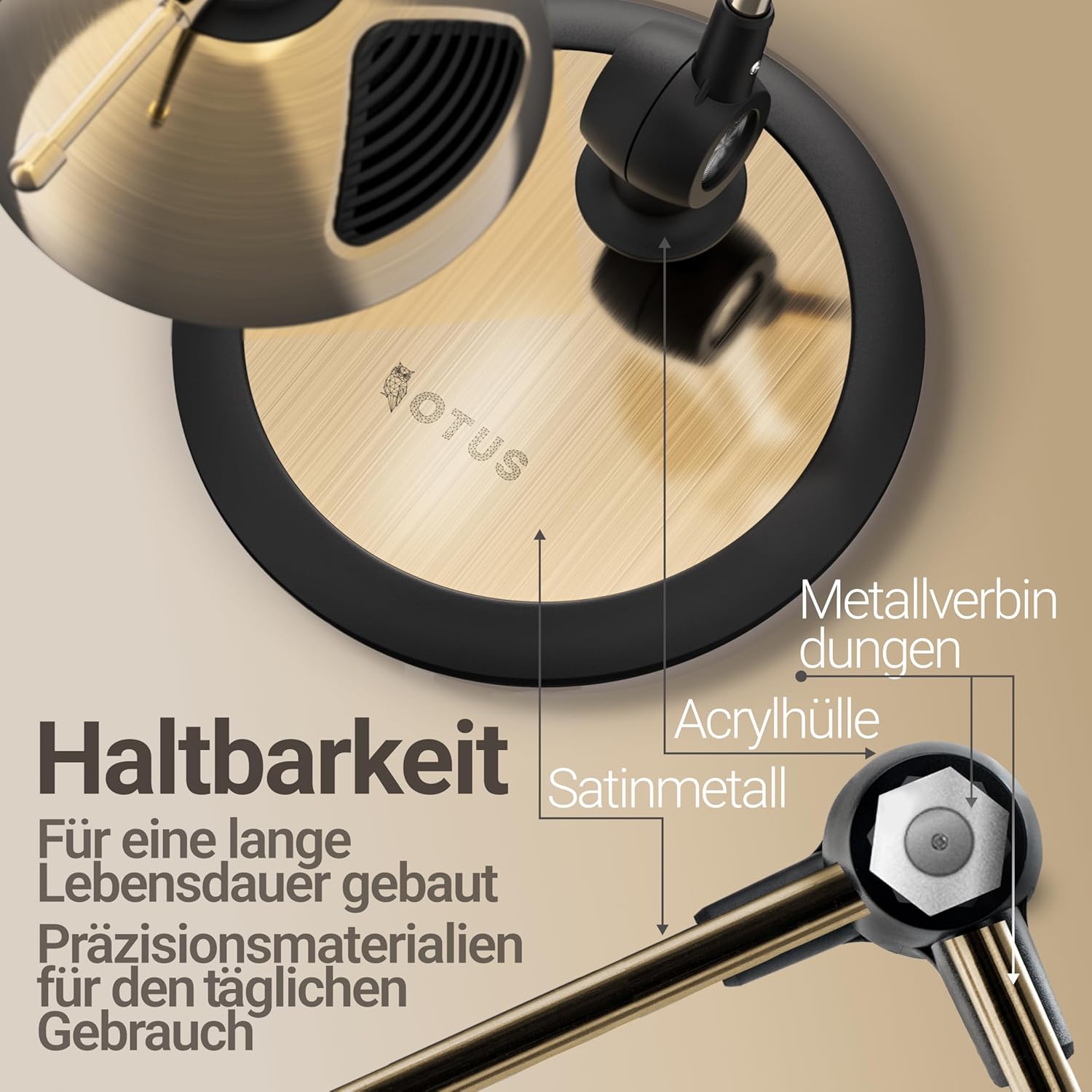 OTUS Schreibtischlampe LED Dimmbar mit Gestensteuerung | Retro Schreibtisch Lampe 3 Farbmodi, 12 Helligkeitsstufen & Flexarm aus Metall | LED Tischlampe & Arbeitsleuchte für Büro Home Lesen - Messing