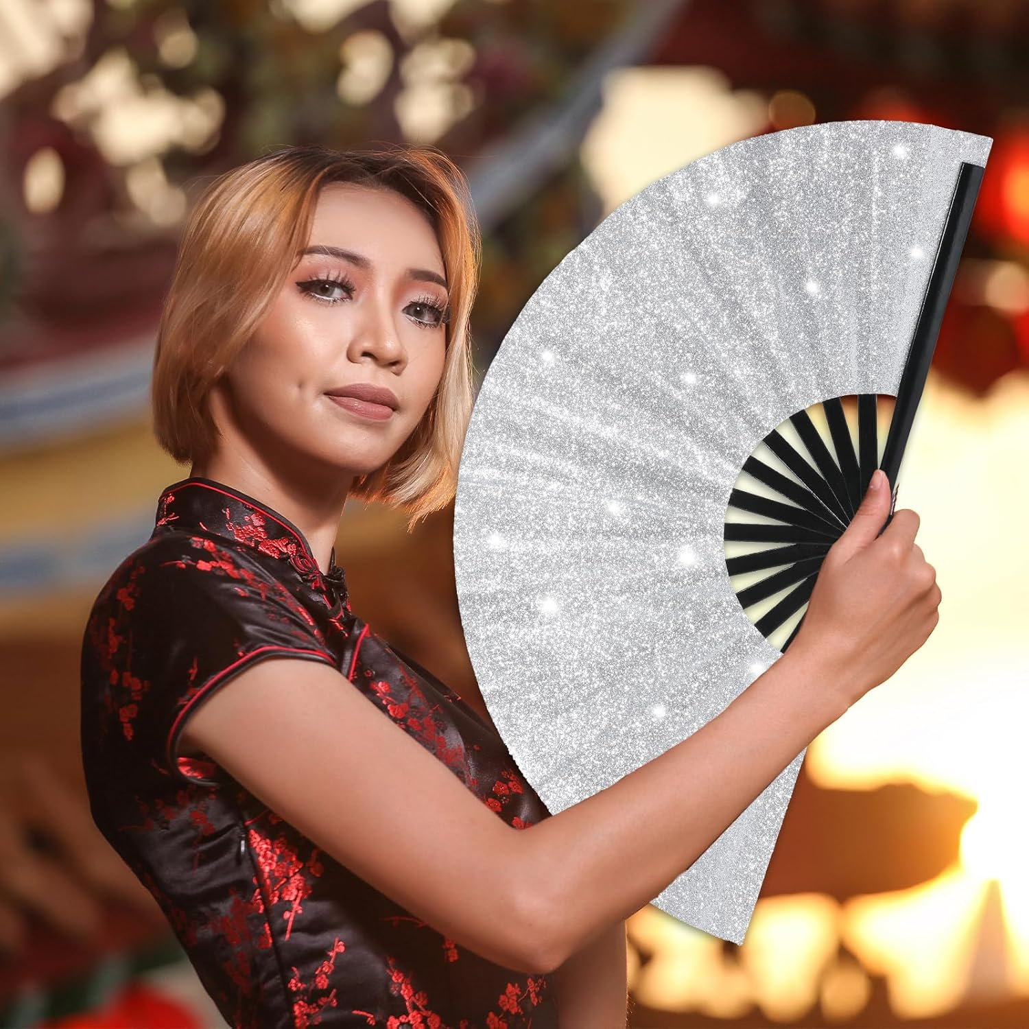 Bambus Fächer Faltbarer Glitzer Handfächer Sommer Fan - Silber