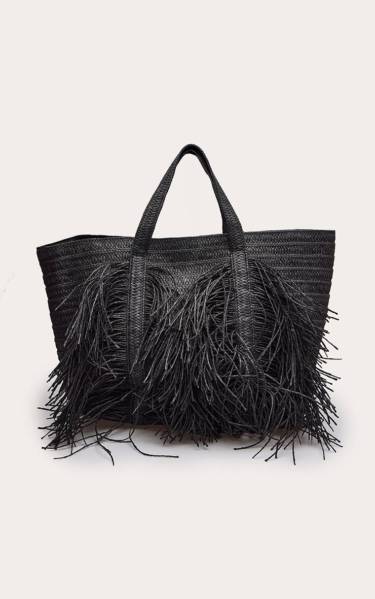 Noir Sac Cabas En Raphia À Franges