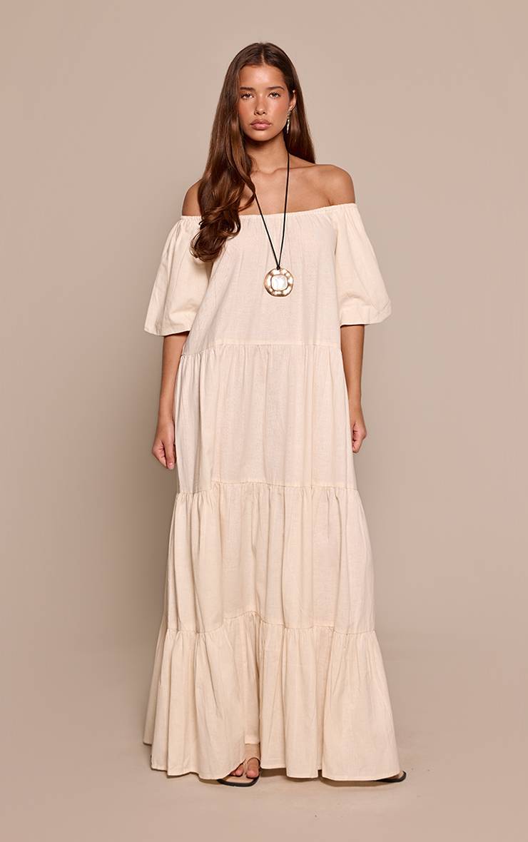 Crème Robe Longue Évasée À Épaules Dénudées Effet Lin
