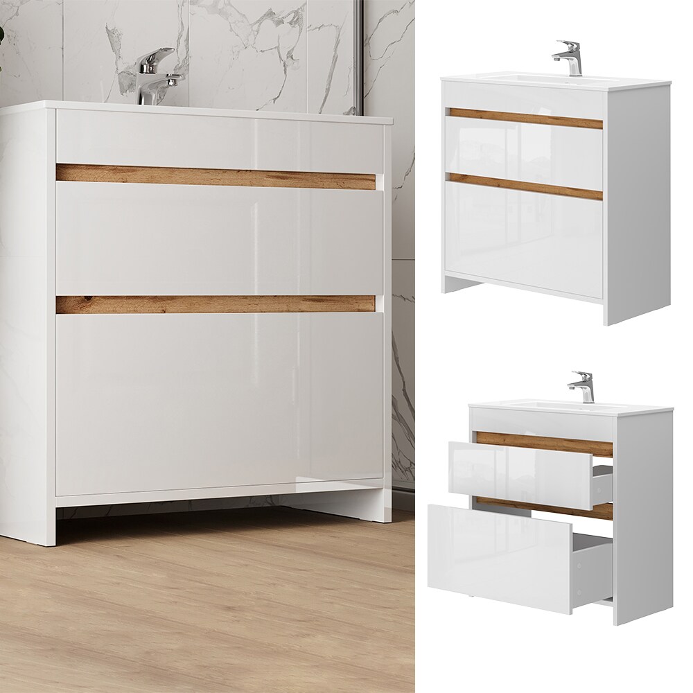 Vicco Waschbecken mit Unterschrank Detmold 80 cm breit, Waschtisch stehend Weiß