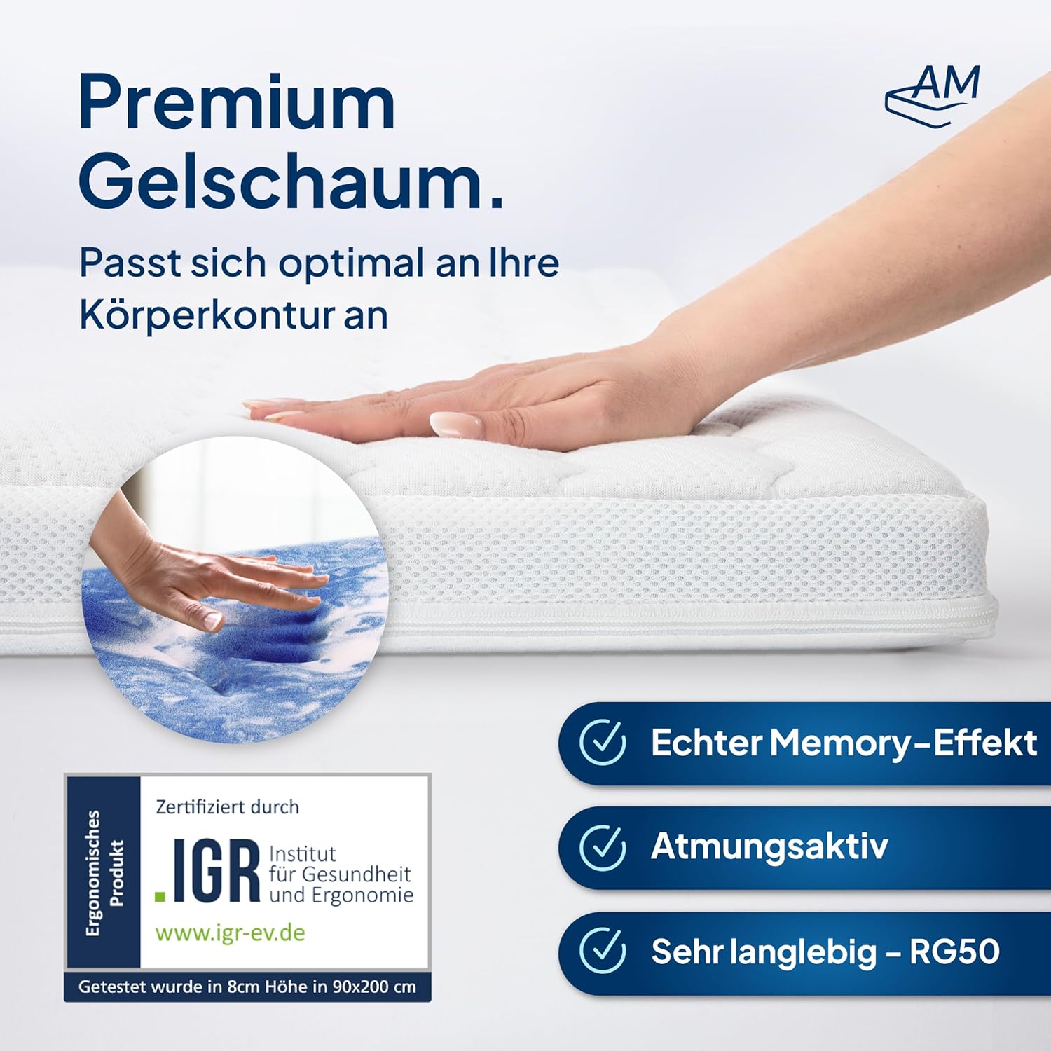 AM Qualitätsmatratzen 7 Zonen Deluxe Gel Topper 150x220cm RG50 - Made in Germany - Atmungsaktiver Gelschaum Topper 150x220-8cm - Kühlende Matratzenauflage mit Lyocell Bezug und Anti-Rutsch Funktion