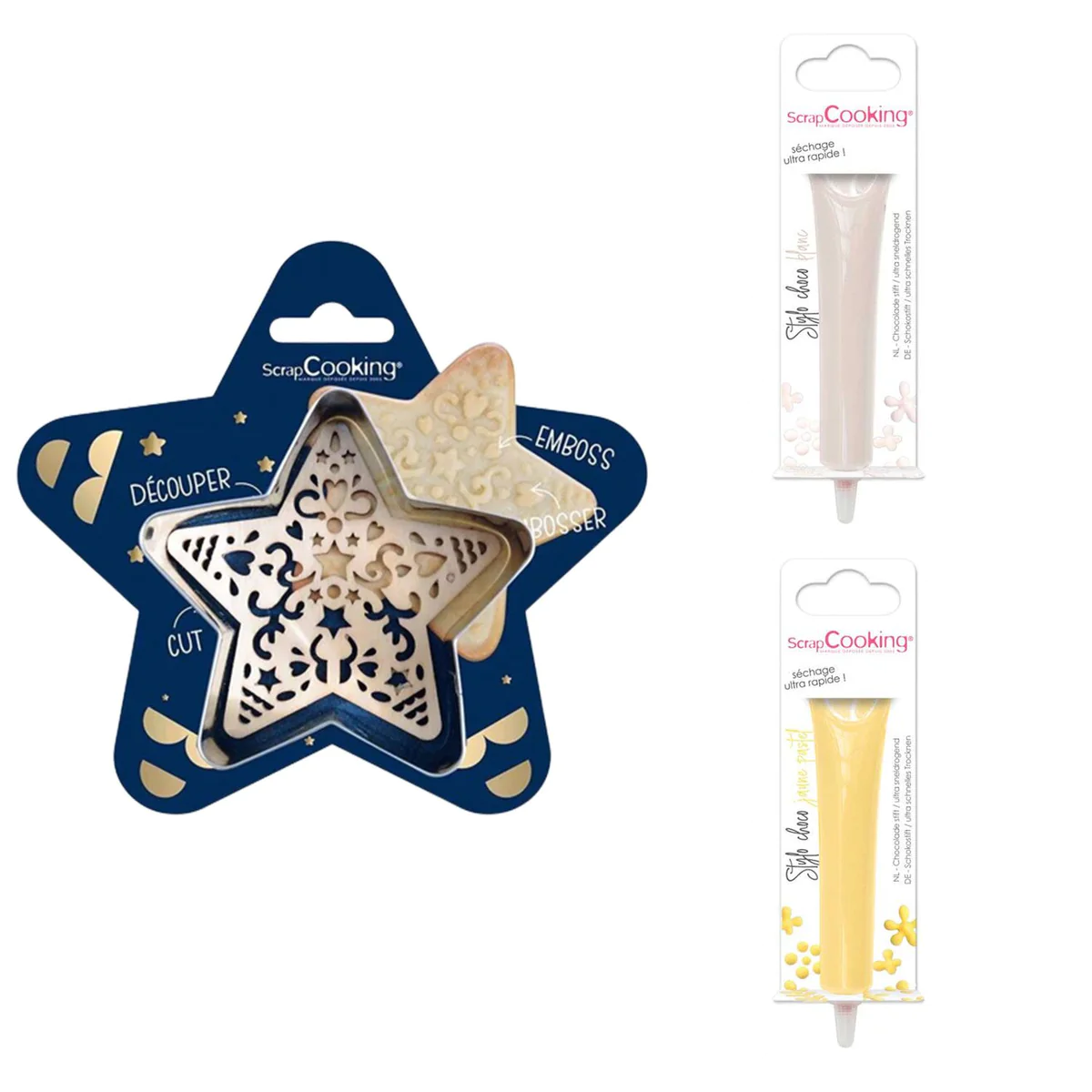 Kit pour biscuit en relief Étoile + 2 Stylos au chocolat blanc et jaun