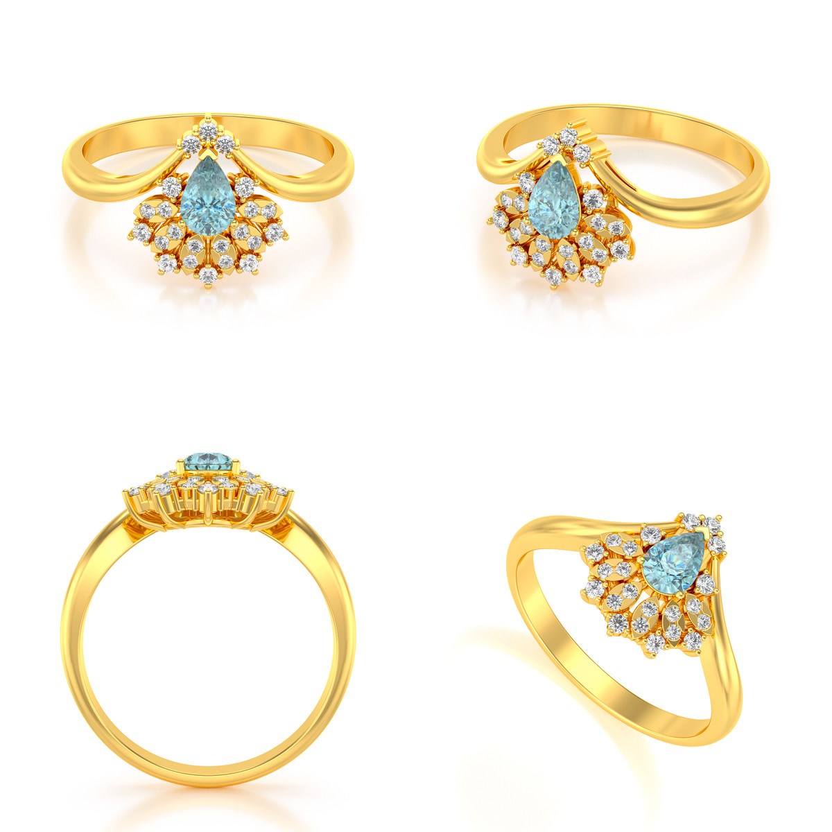 Bague ADEN Or 585 Jaune Aigue-Marine et diamants 3.6grs