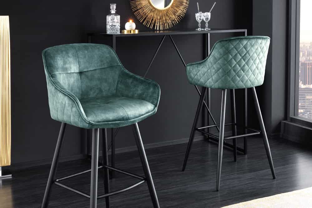 Design Barhocker EUPHORIA petrol Samt schwarze Metallbeine Barstuhl mit Lehne