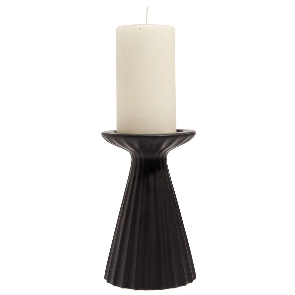 Bougeoir rond strie relief céramique noir - Ø11xH17cm