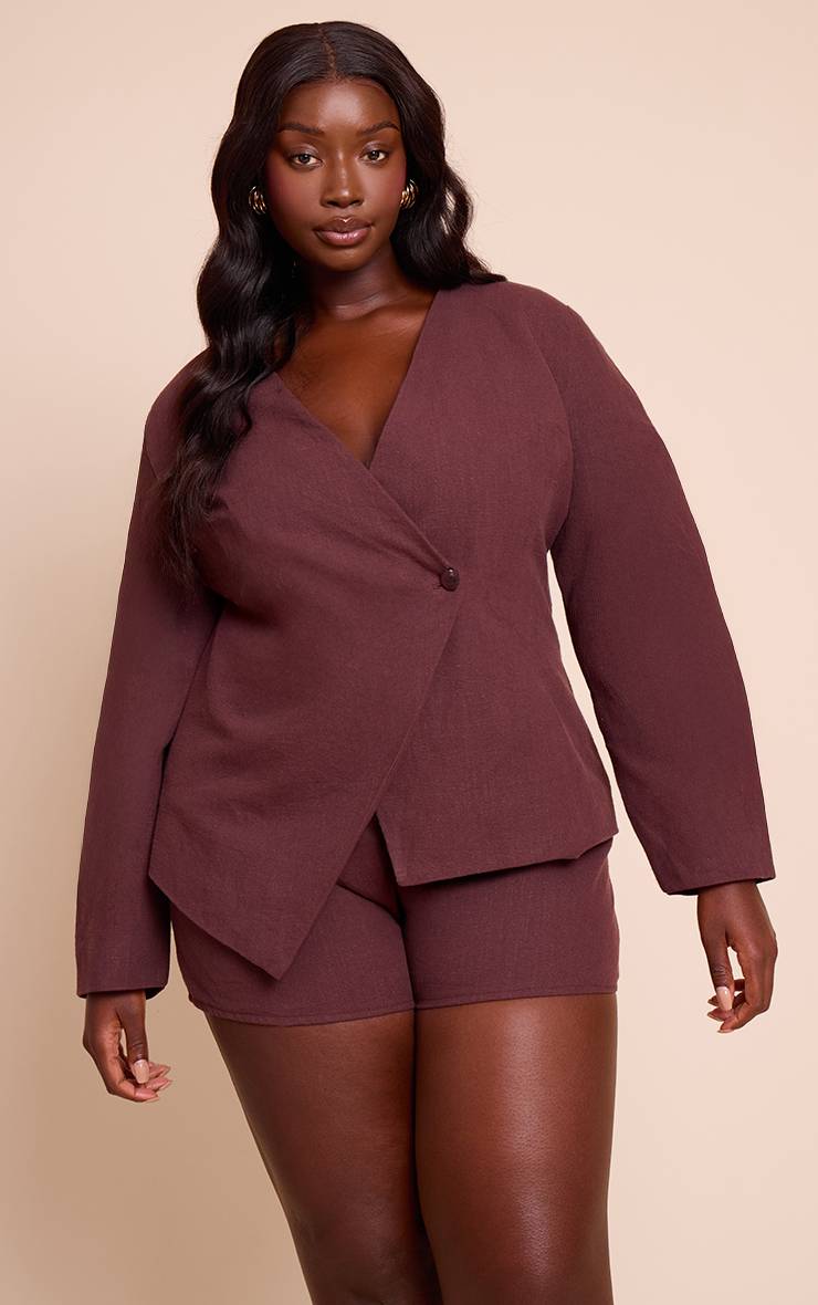 Deep Chocolate Short Tailleur Chaud En Lin Premium Grande Taille Coordonné