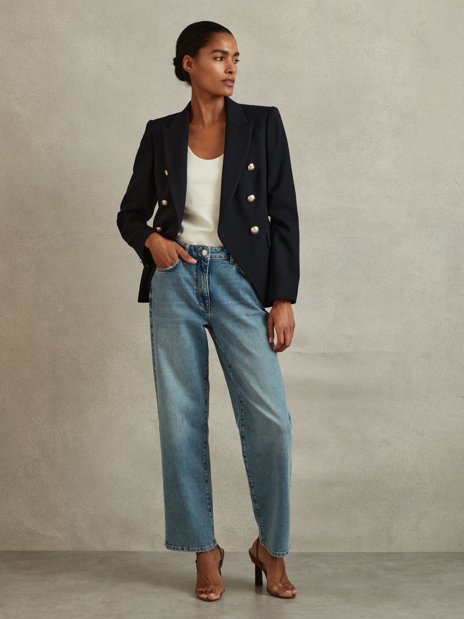 Marineblauw - Reiss Tally - Maatgesneden blazer met textuur en dubbele rij knopen