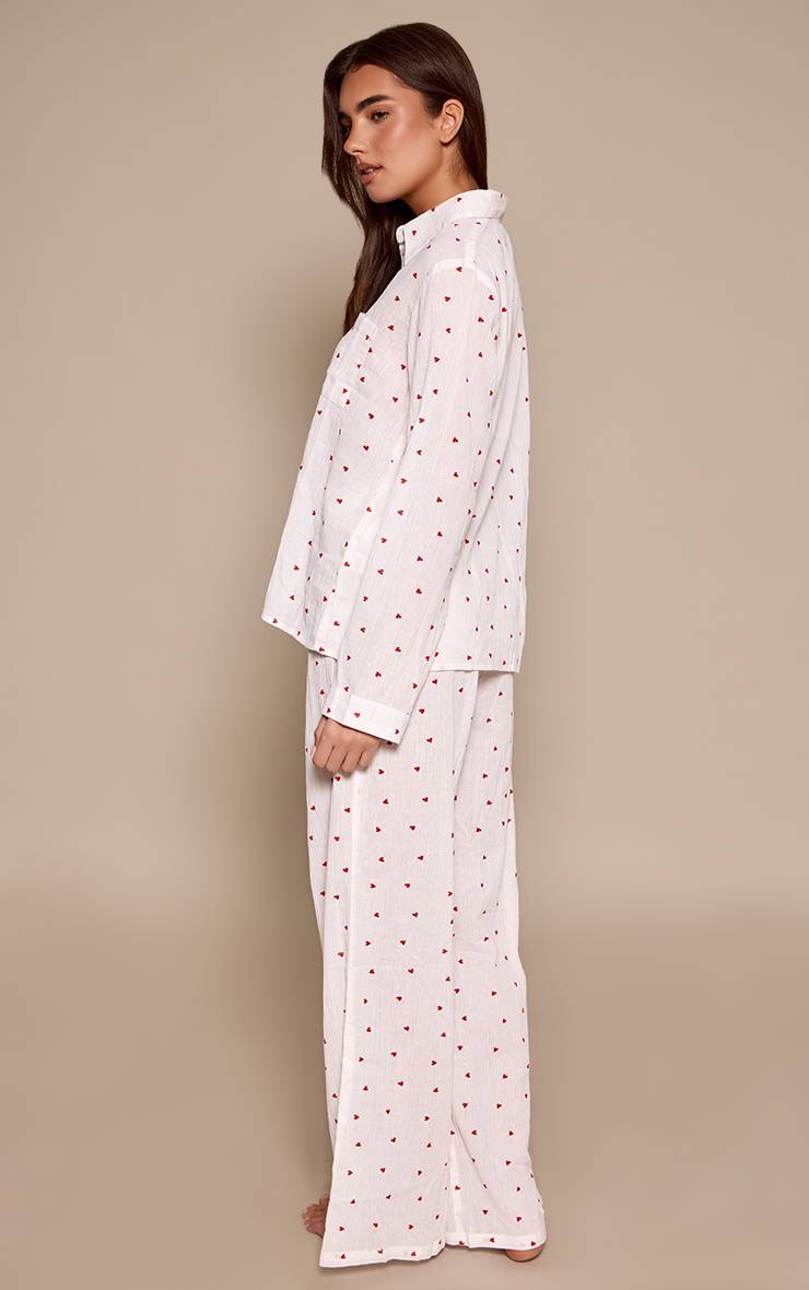 Crème Pyjama À Manches Longues Boutonné Crinkle À Cœurs