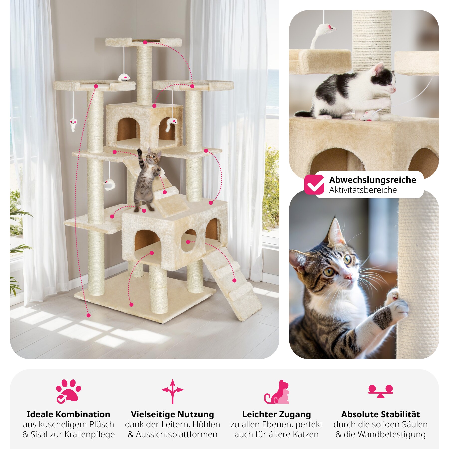 tectake® Kratzbaum, 186 cm, mit 2 Katzenhäusern, inklusive 2 Treppen, 4 Spielmäusen und Kippschutz