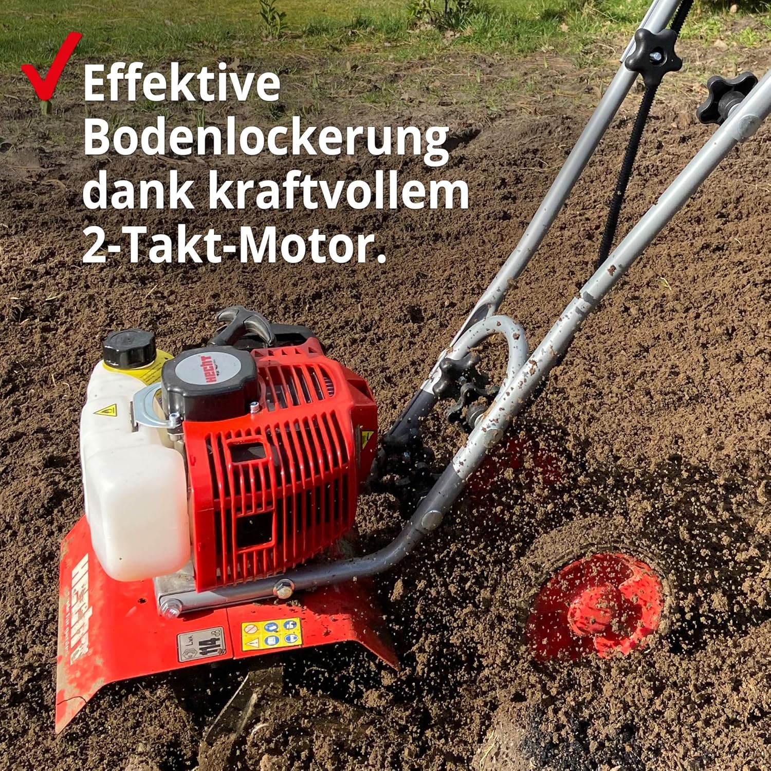 HECHT Benzin Gartenhacke Effektive Bodenbearbeitung mit 25 cm Arbeitsbreite – 2-Takt Motor – 16 Harte Messer – Motorhacke – Bodenfräse – Bodenhacke – Kultivator – zum Garten umgraben und lockern