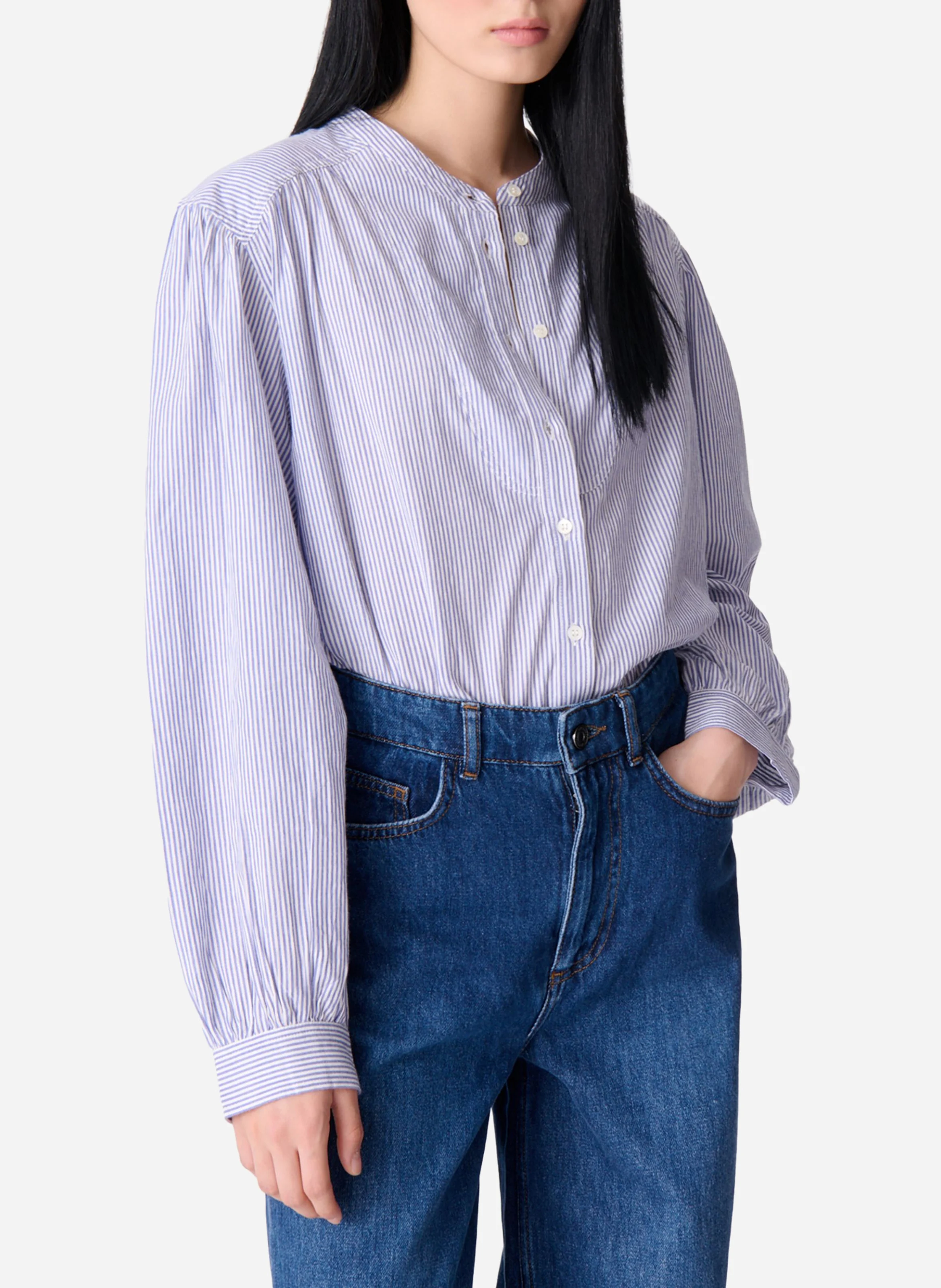 Blouse droite rayée en coton| Bleu